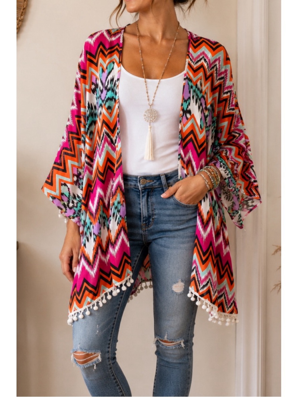 Giddy Up Glamour Boutique Colorful Chevron Print Kimono Shawl